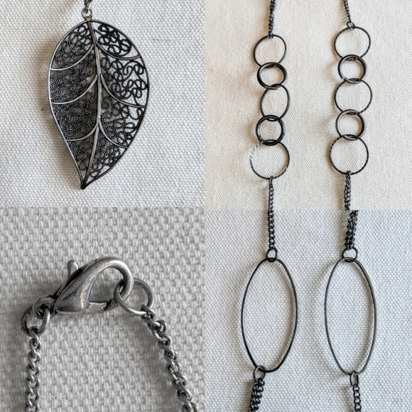 Two Long Costume Necklace Lot, Black & Silver Colored, Many Rings, Leaf Pendant - Picture 2 of 2